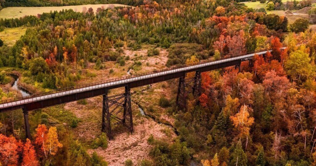 Le pont suspendu historique en Ontario offrant une vue panoramique magique sur le feuillage d'automne