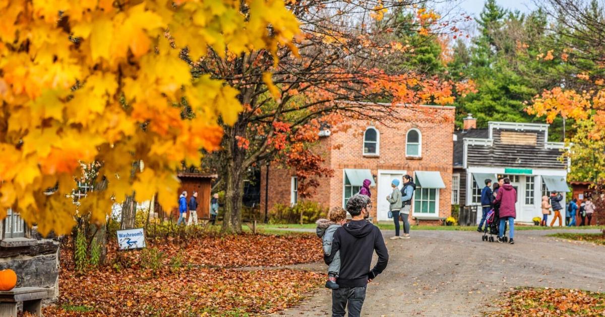 Parc ontarien avec un village pionnier historique de 35 bâtiments et une voie ferrée hantée